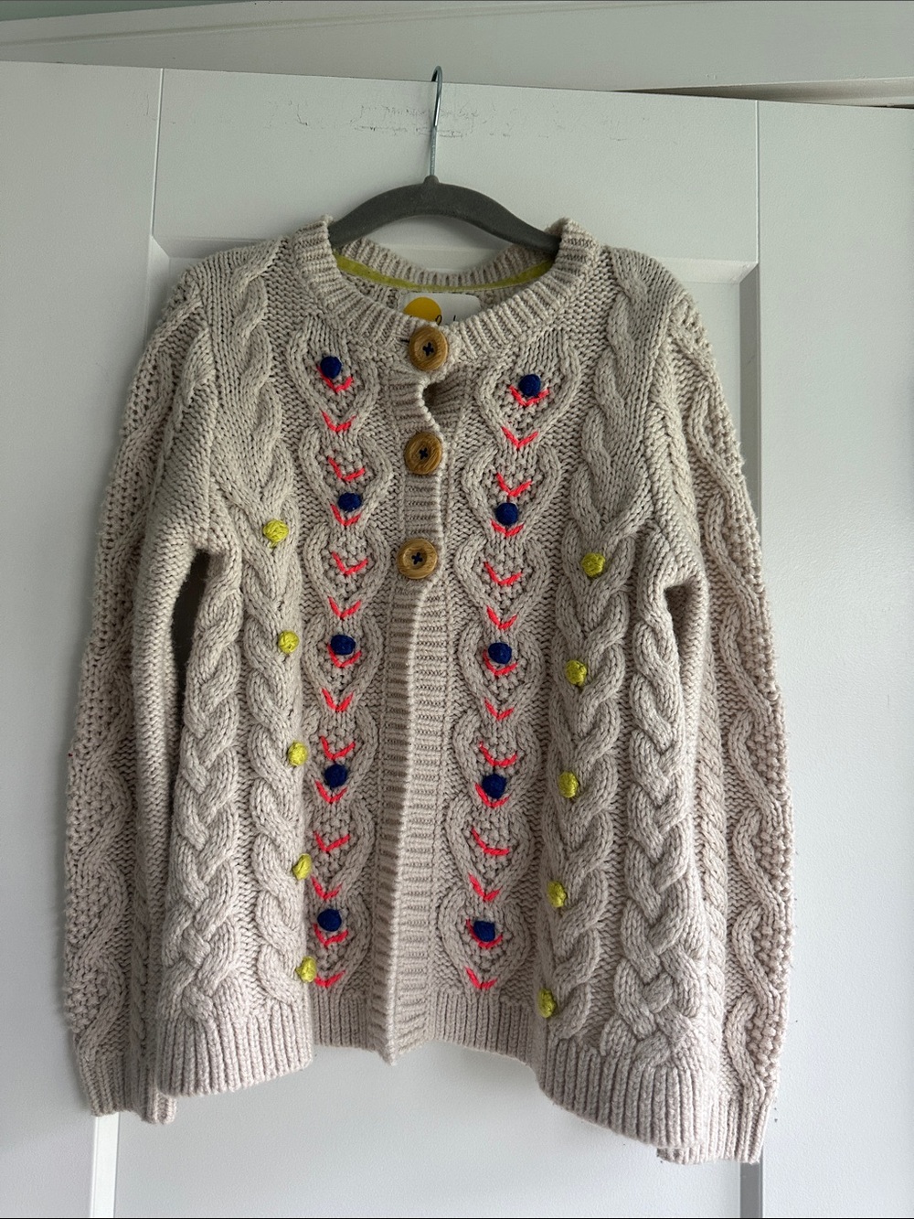 Mini-Boden size 6-7 Cable-Knit Button Cardigan Sweater with Neon Embroidery EUC